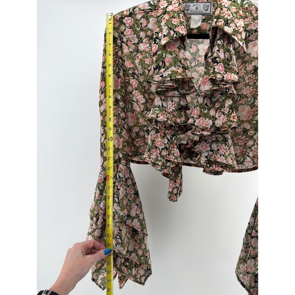Vintage 90s Floral Tie Front Crop Top Bell Sleeve Ruffle Festival Boho Small - Picture 10 of 10